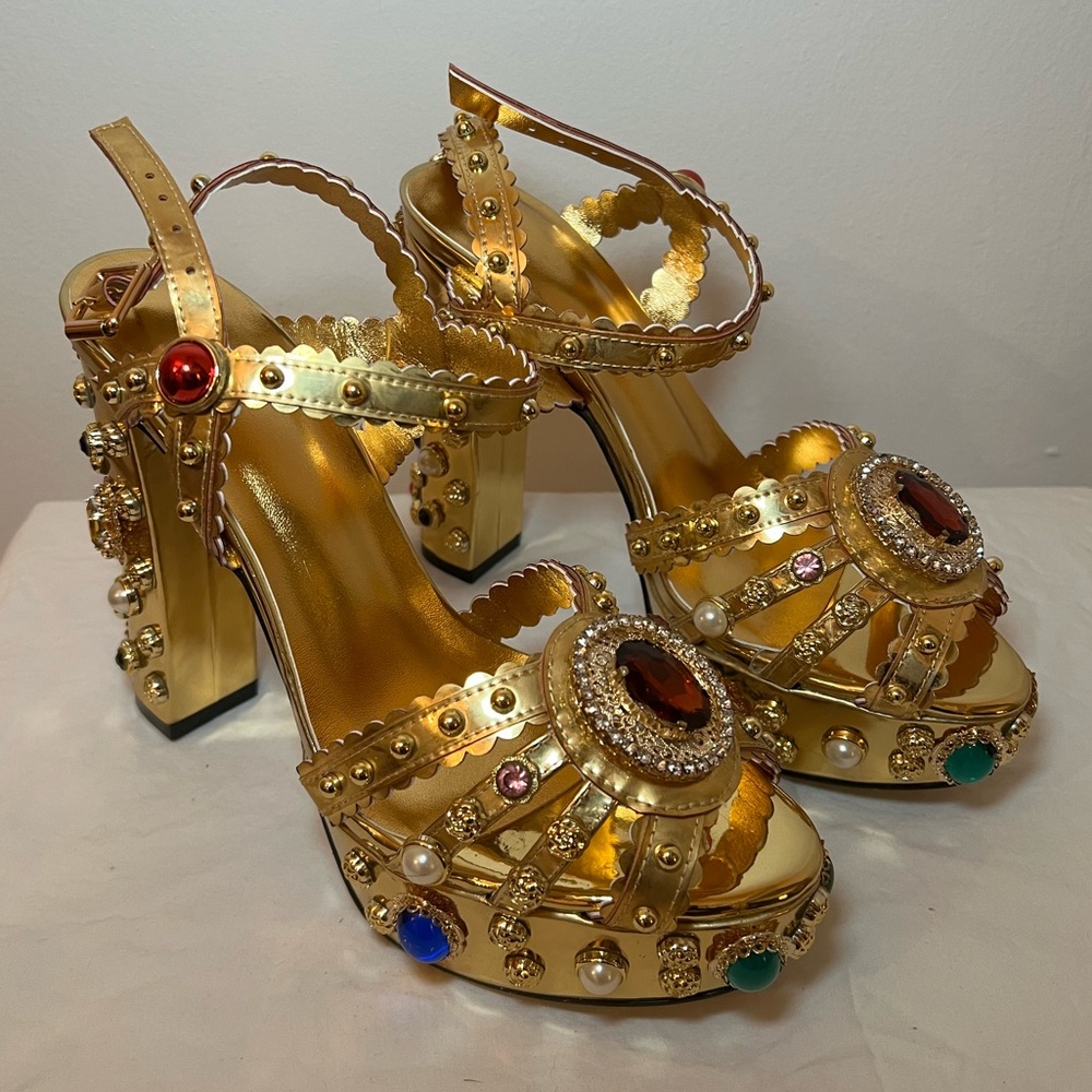Dolce & Gabbana inspired platform sandals with multicolor rhinestones